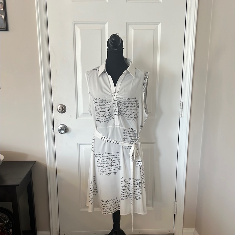 White Script Print Sleeveless Dress